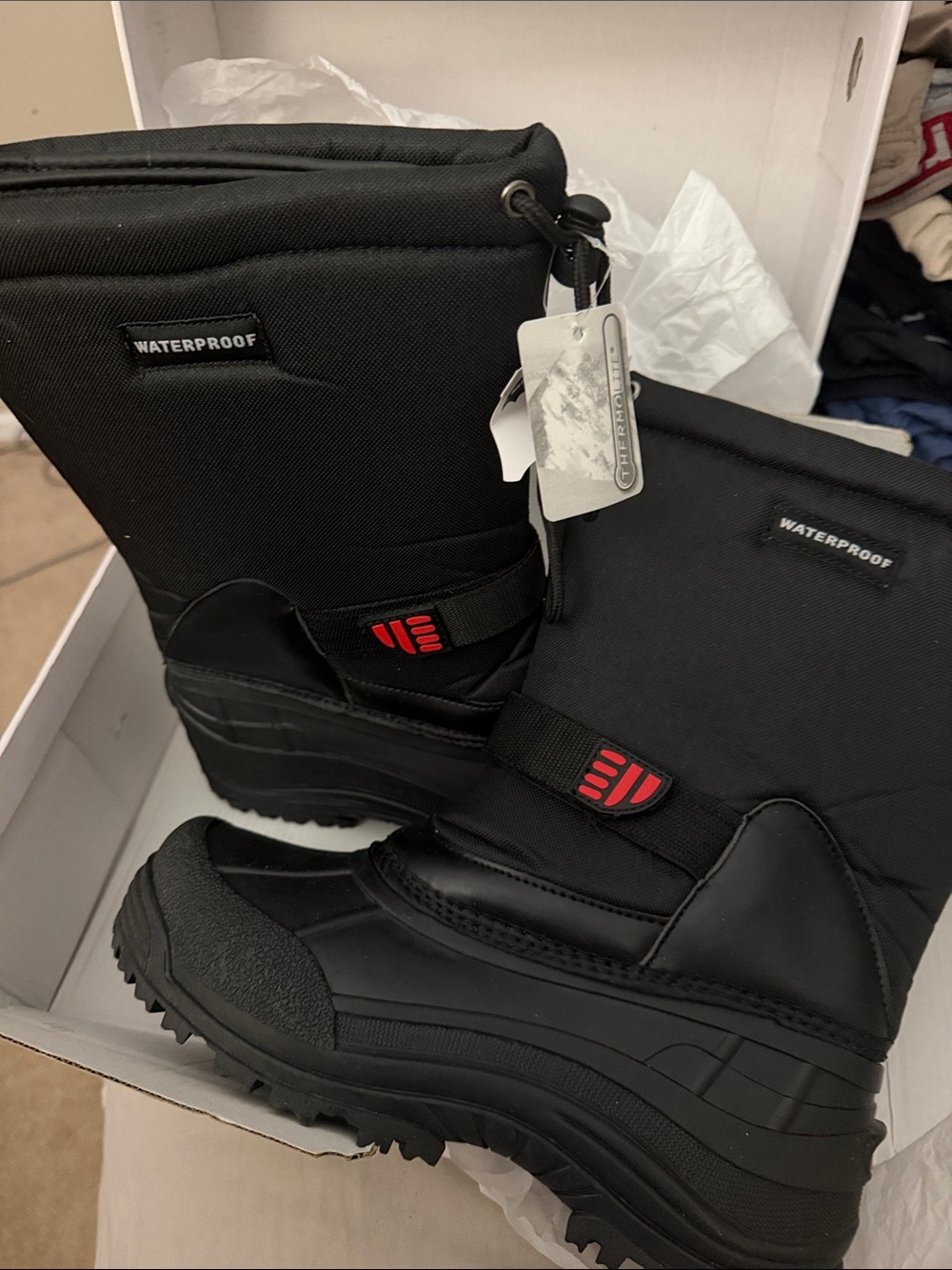 Kids Waterproof Black Snow Boots with Easy Pull-On Strap